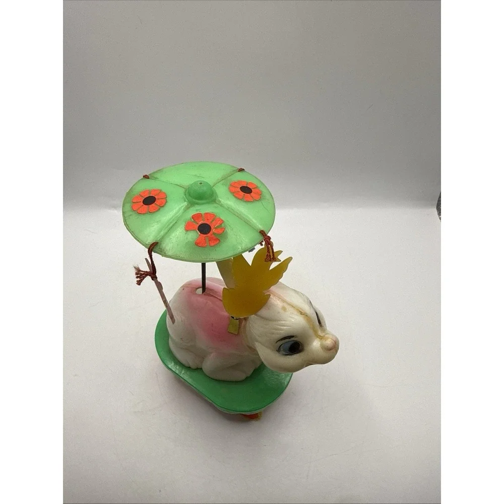 Vintage 60s Celluloid Wind Up  Toy Bunny Chicks Umbrella Bobble WORKS